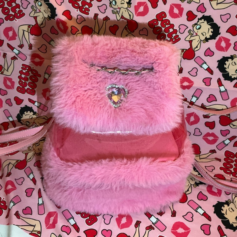 Sugar Thrillz Pink Furry Backpack with Heart Charm
